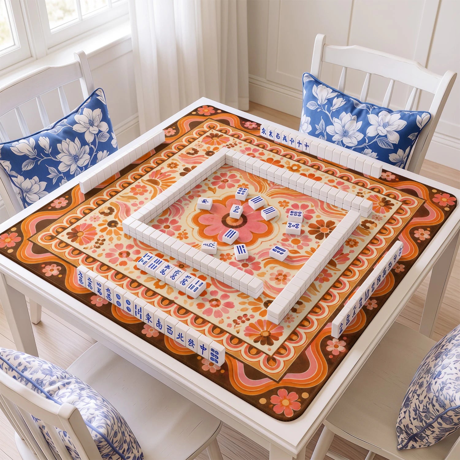 Retro Blush Bloom mahjong mat with tiles and racks on the table
