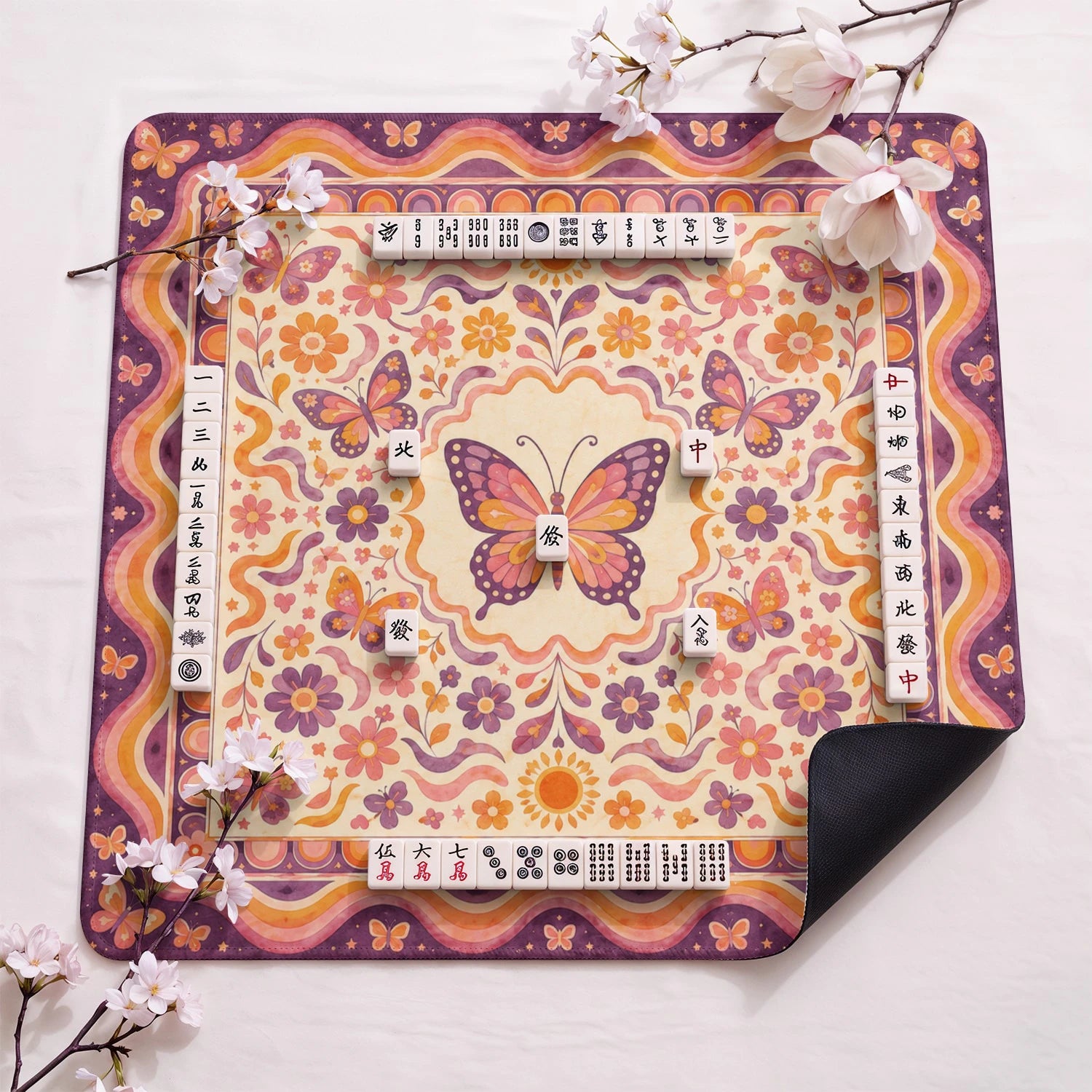 Retro Butterfly design close-up on mahjong mat surface