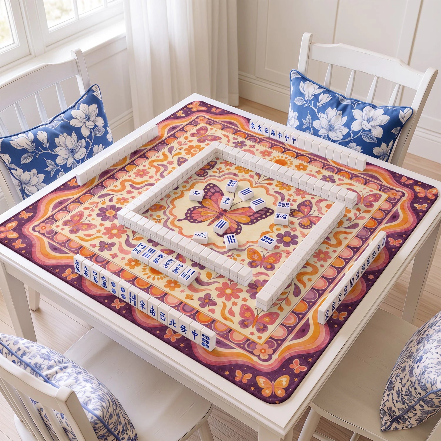 Retro Butterfly mahjong mat with tiles and racks on the table