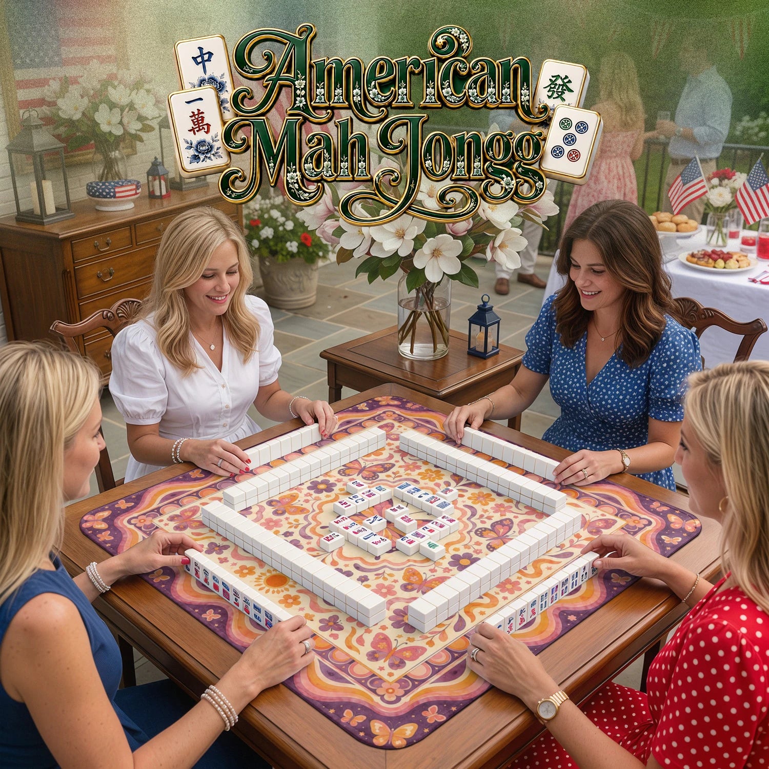 Retro Butterfly – non-slip mahjong table mat detail