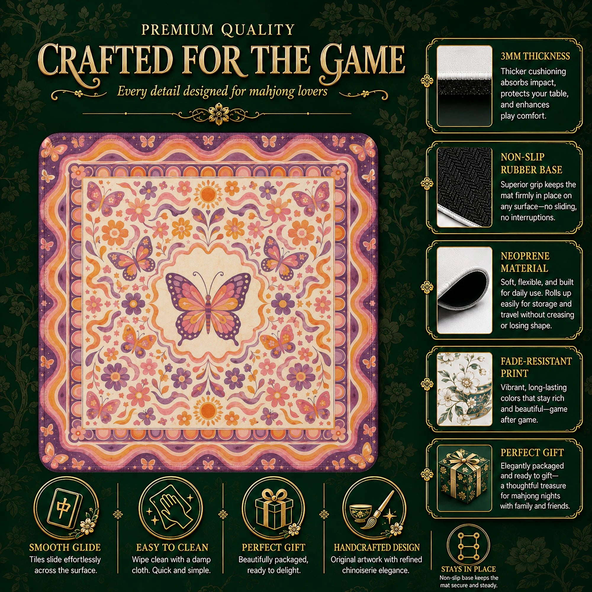 Retro Butterfly Mahjong Mat – neoprene mah jongg table mat