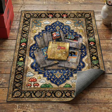 Classic retro cartridge gaming rug with NES SNES game carts pixel mushrooms and stars