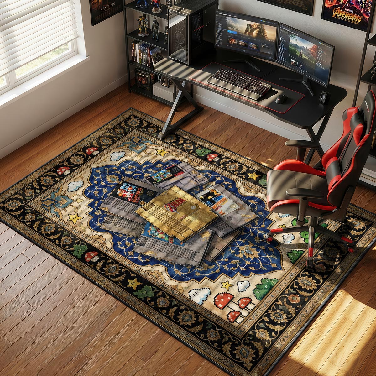Retro cartridge rug placed in a gaming den beside glass display cases of vintage games