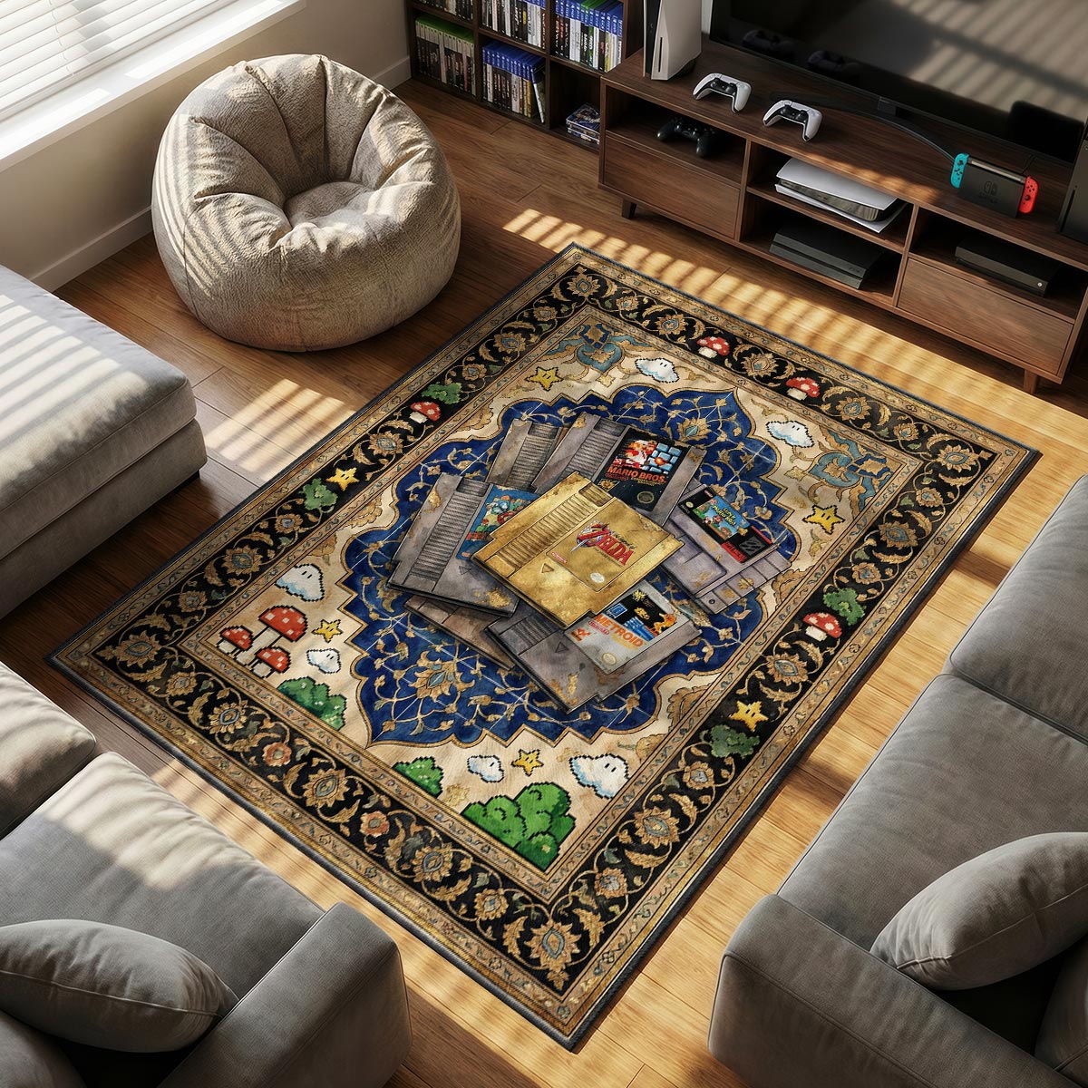 Close-up of cartridge rug showing gold Zelda cart detail and pixel mushroom on velvet