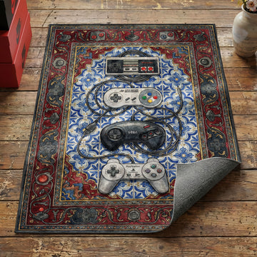 Retro gaming controllers area rug with NES SNES Sega PlayStation pads on blue tile