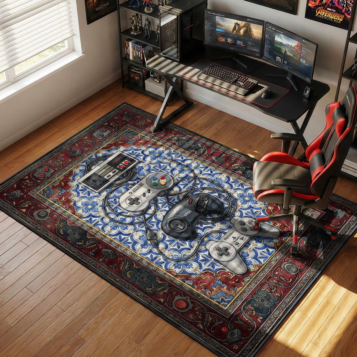 Retro controllers rug placed in a gaming room beside a shelf of classic consoles