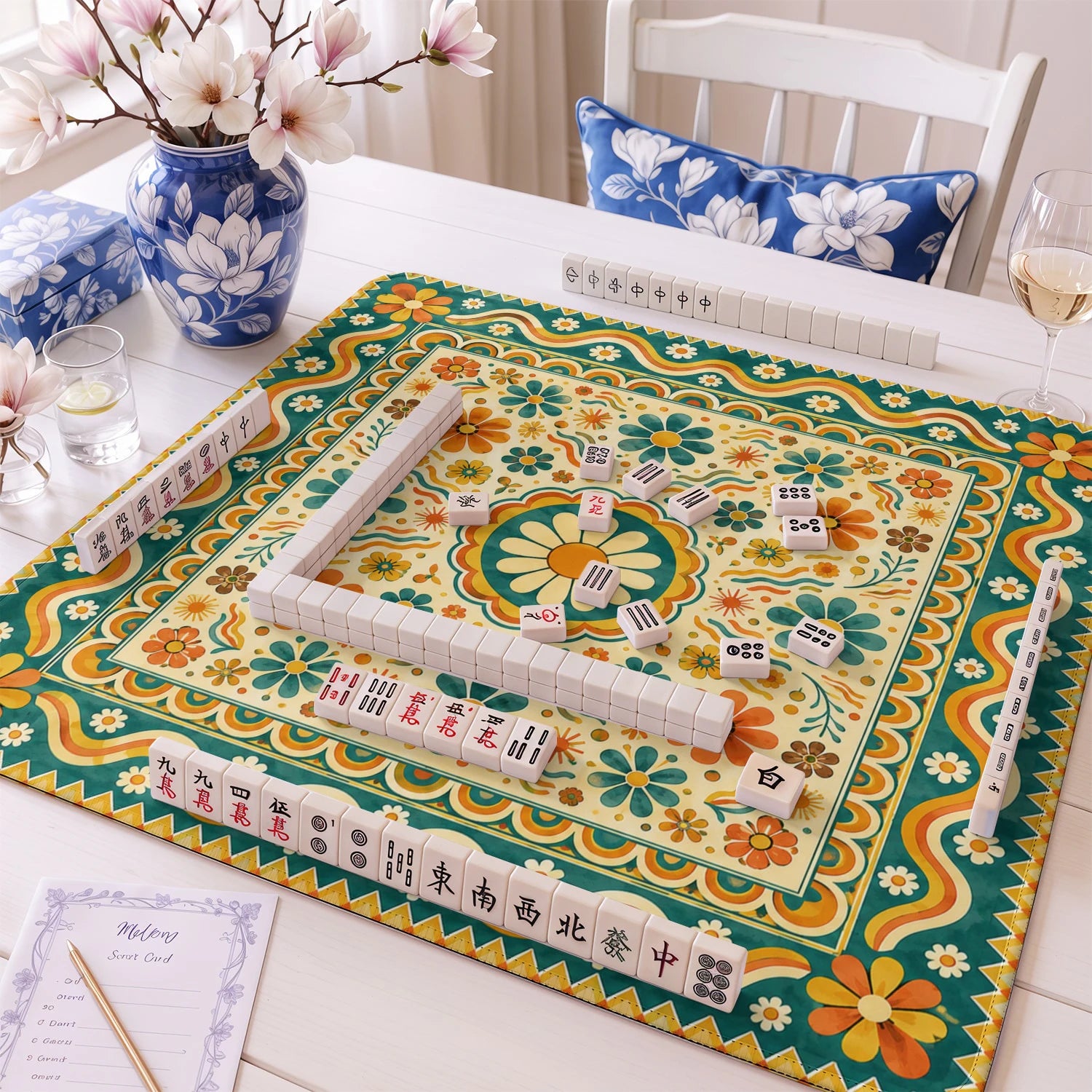 Retro Folk Daisy mahjong mat – M (60x60 cm) and L (81x81 cm) sizes