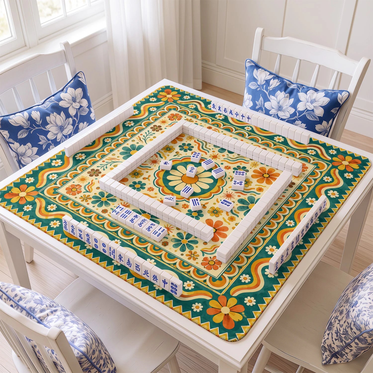 Retro Folk Daisy mahjong mat with tiles and racks on the table