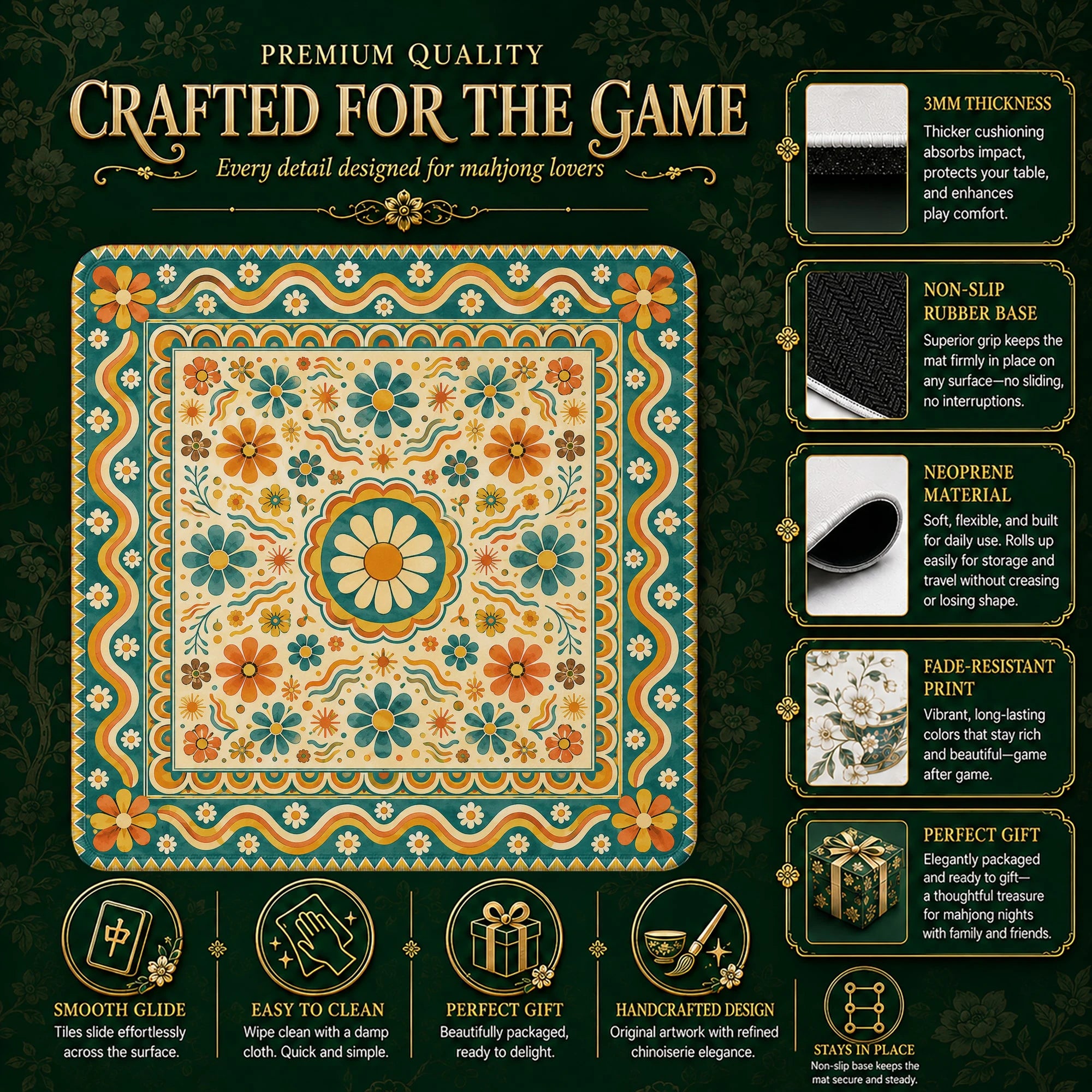 Retro Folk Daisy Mahjong Mat – neoprene mah jongg table mat