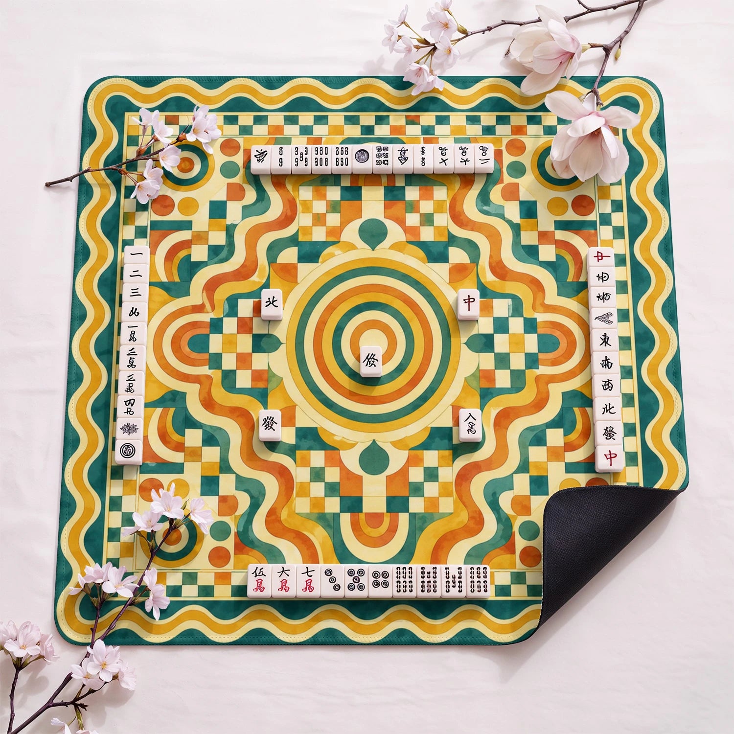 Retro Geo Mosaic design close-up on mahjong mat surface