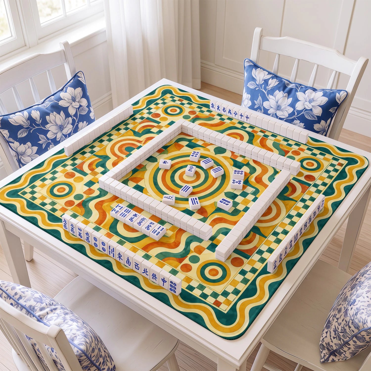 Retro Geo Mosaic mahjong mat with tiles and racks on the table