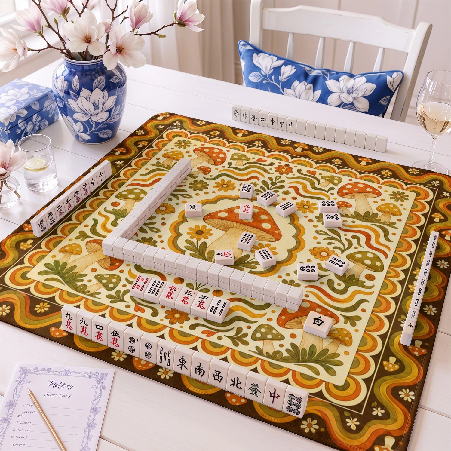 Retro Mushroom Folk mahjong mat – M (60x60 cm) and L (81x81 cm) sizes