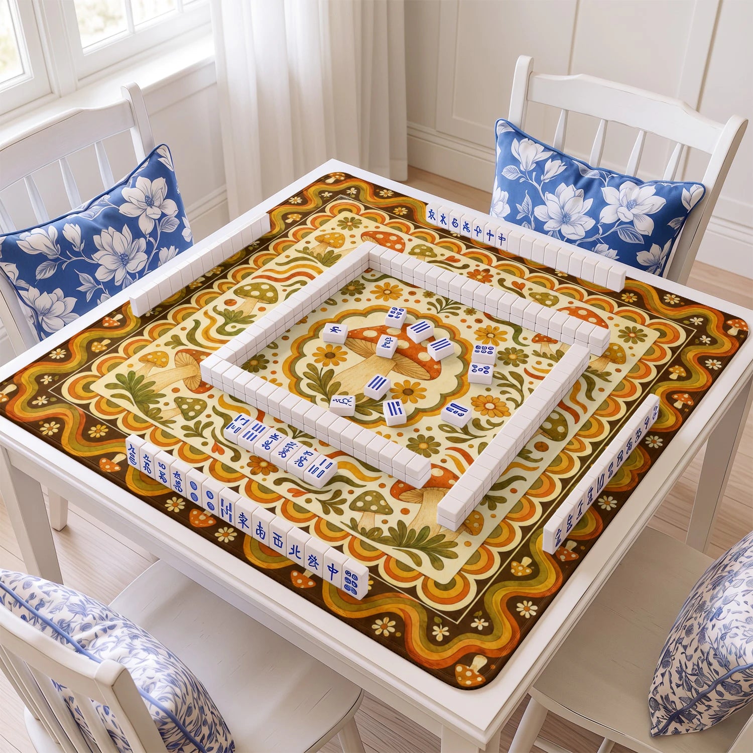 Retro Mushroom Folk mahjong mat with tiles and racks on the table