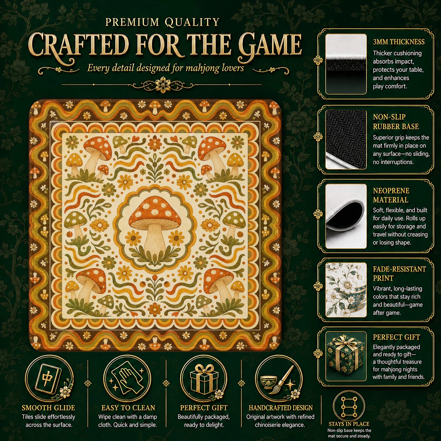 Retro Mushroom Folk Mahjong Mat – neoprene mah jongg table mat