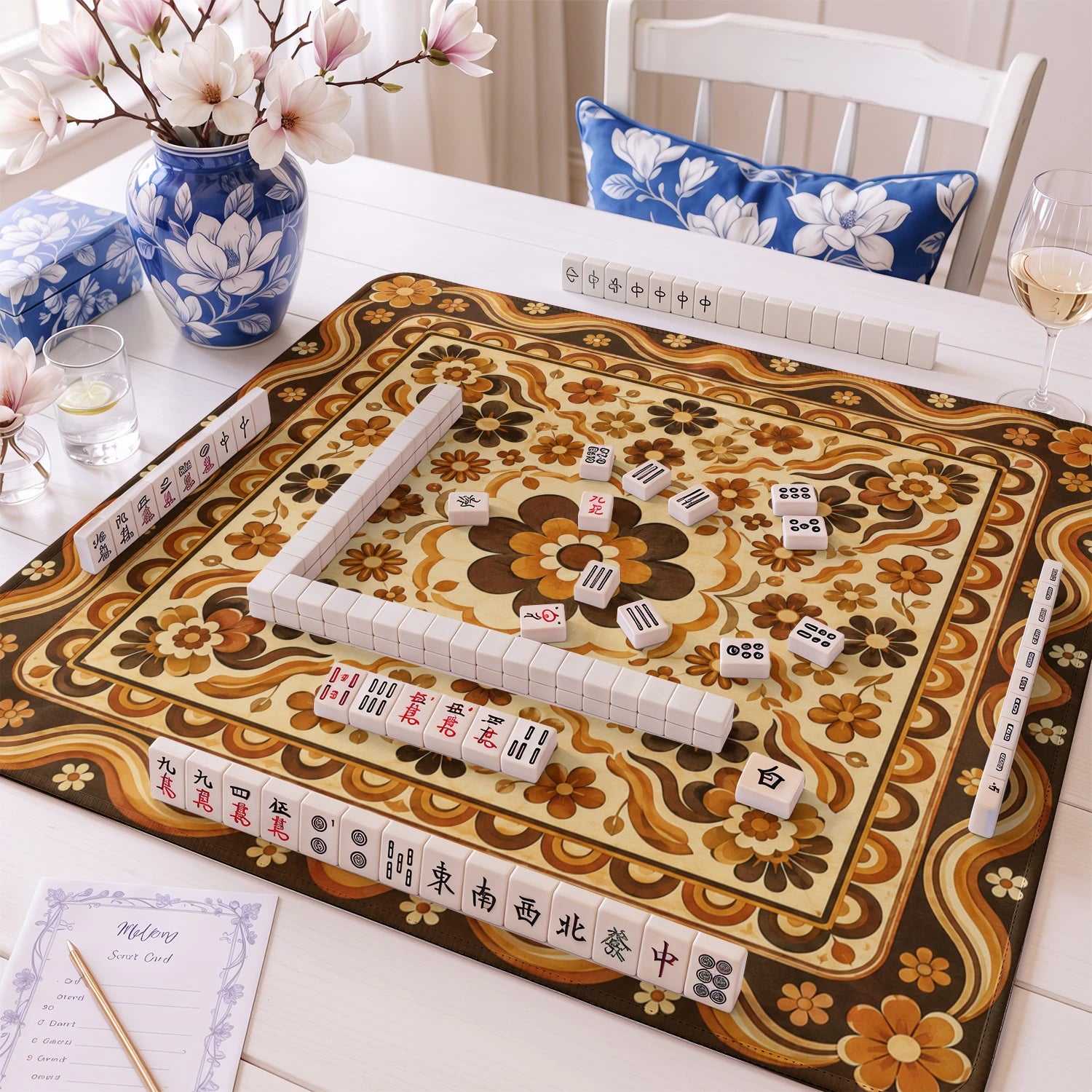 Retro Wood Bloom mahjong mat – M (60x60 cm) and L (81x81 cm) sizes