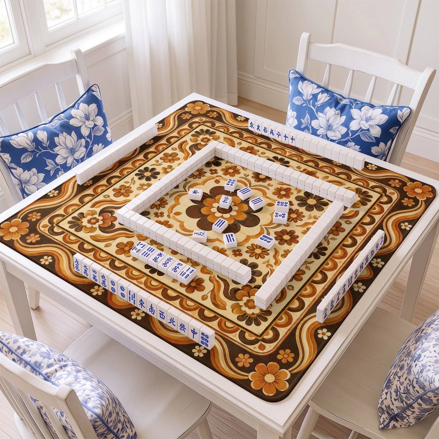 Retro Wood Bloom mahjong mat with tiles and racks on the table