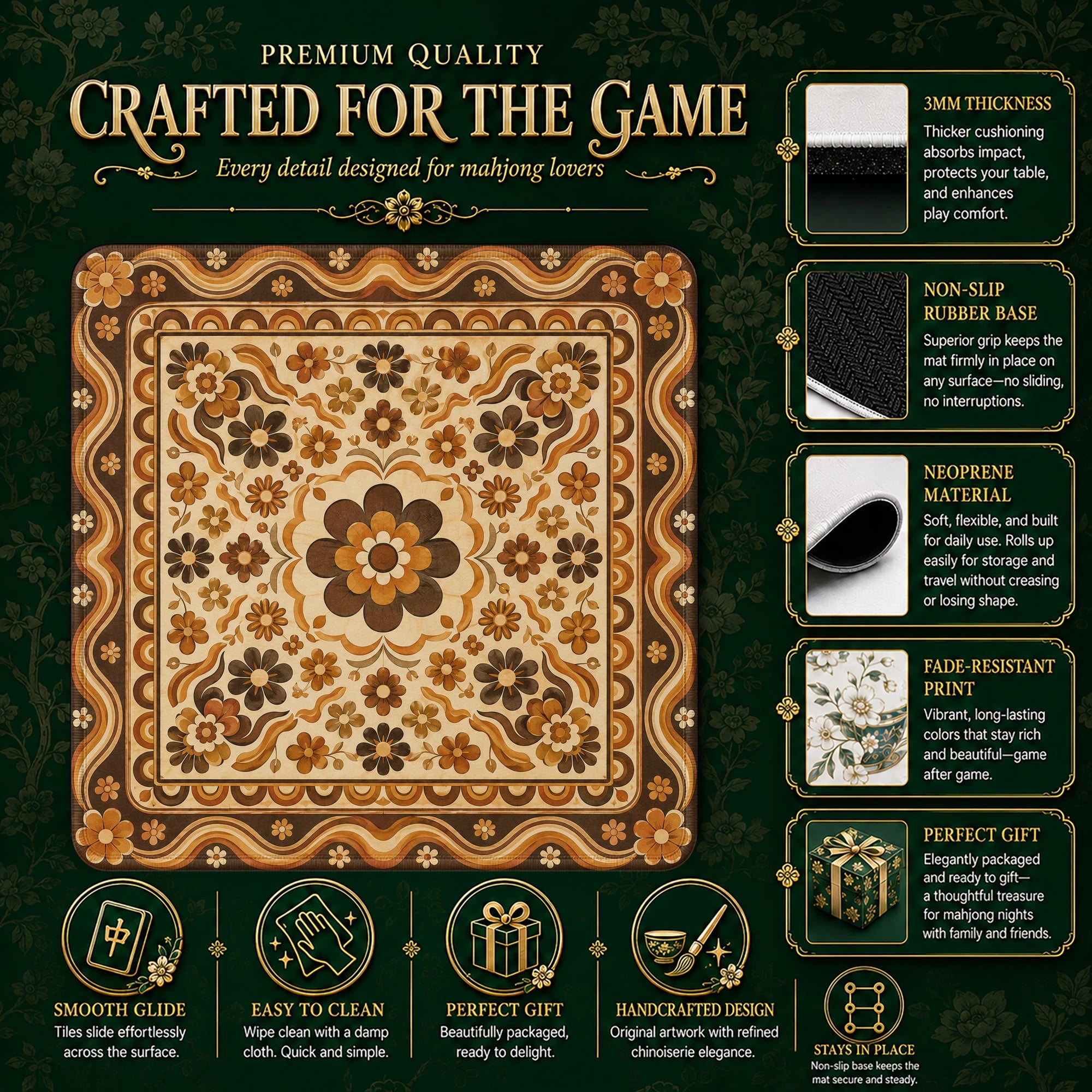 Retro Wood Bloom Mahjong Mat – neoprene mah jongg table mat