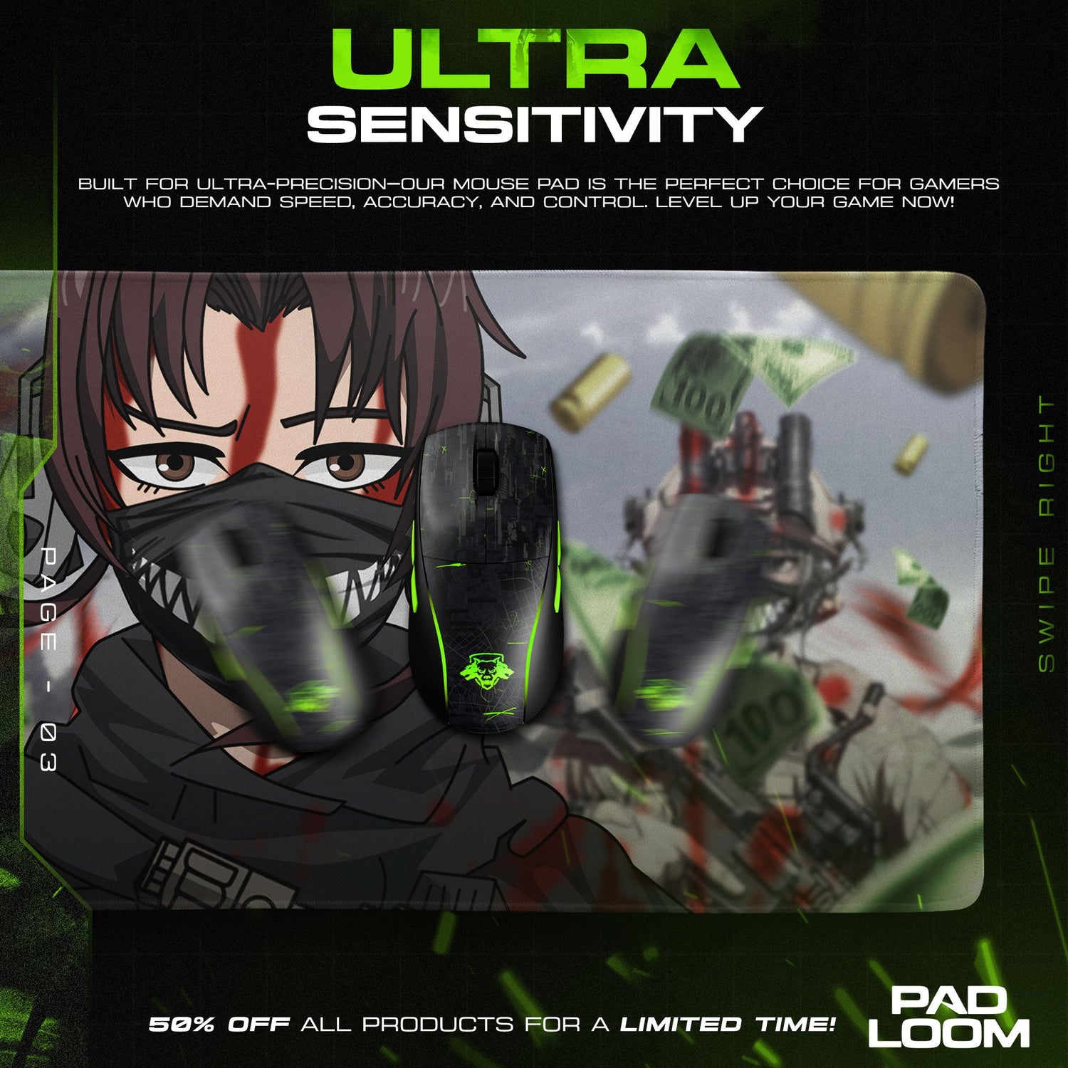 Revy Masked Fury Mouse Pad, Anime Gaming Desk Mat Padloom