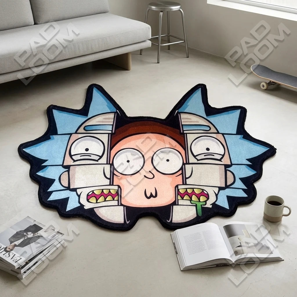 Rick and Morty shaped rug shown in a room setting