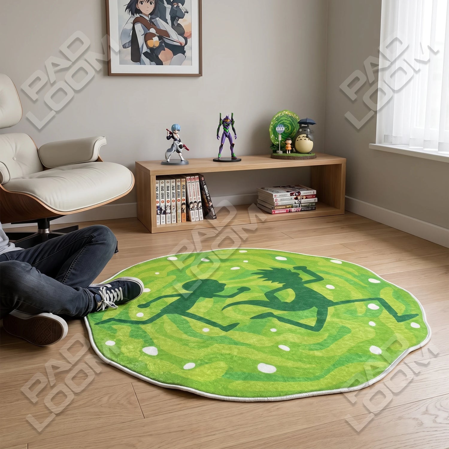 Rick and Morty shaped rug shown in a room setting