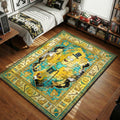 Rick pixel art Rick and Morty area rug with lightning and alien text on purple teal tapestry