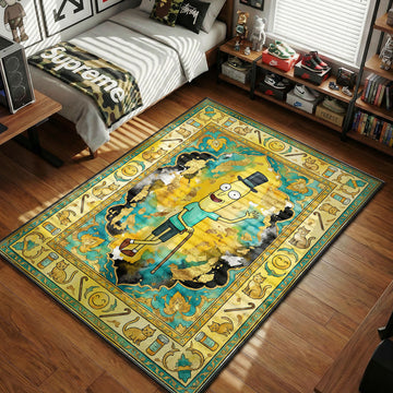 Rick pixel art Rick and Morty area rug with lightning and alien text on purple teal tapestry