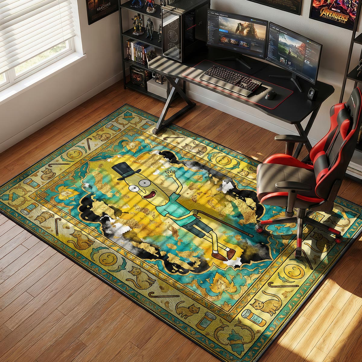 Rick pixel art rug placed in a gaming room with retro console setup and LED monitor glow