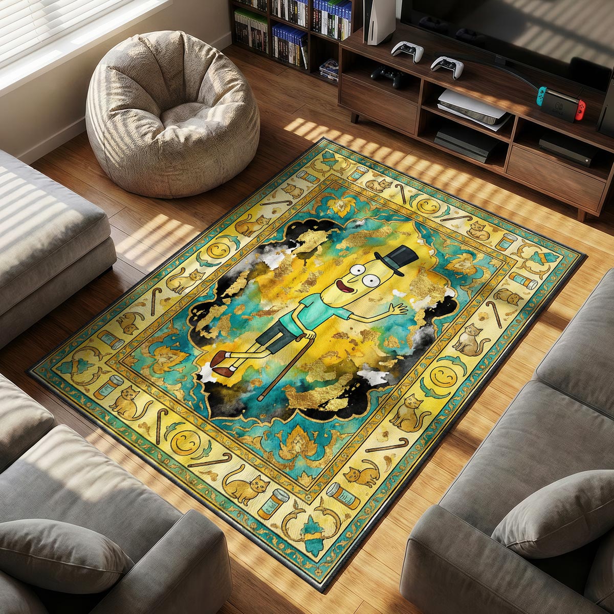 Close-up of Rick pixel art area rug showing blocky pixel detail and purple dye-sublimation