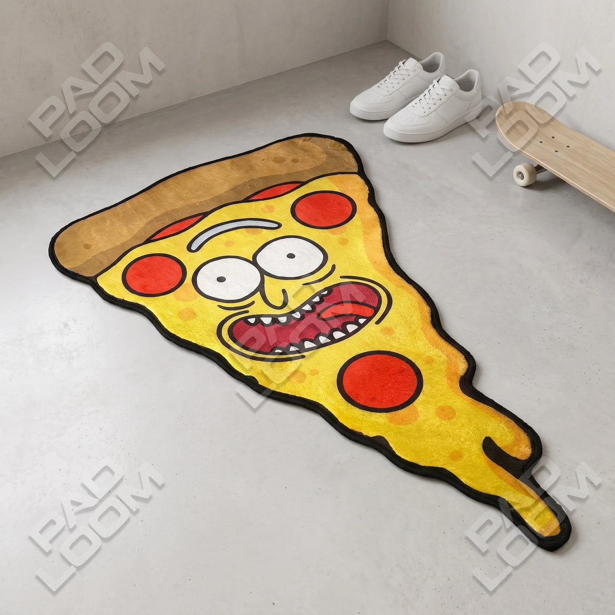 Rick Pizza shaped rug shown in a room setting