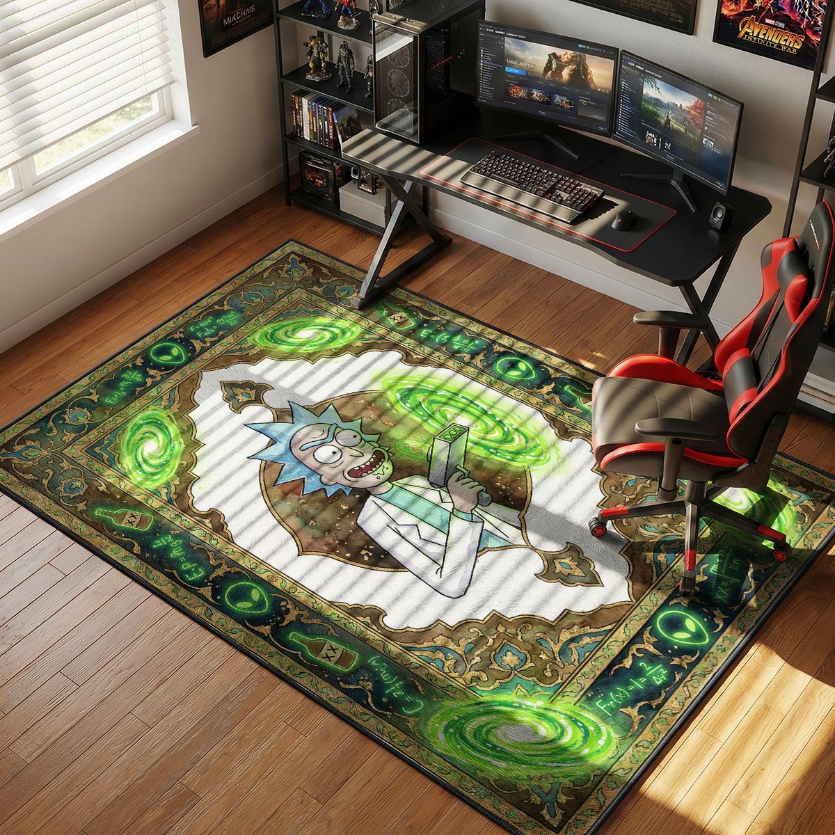 Rick portal gun rug placed under a PC gaming desk in a dark room with neon green lighting