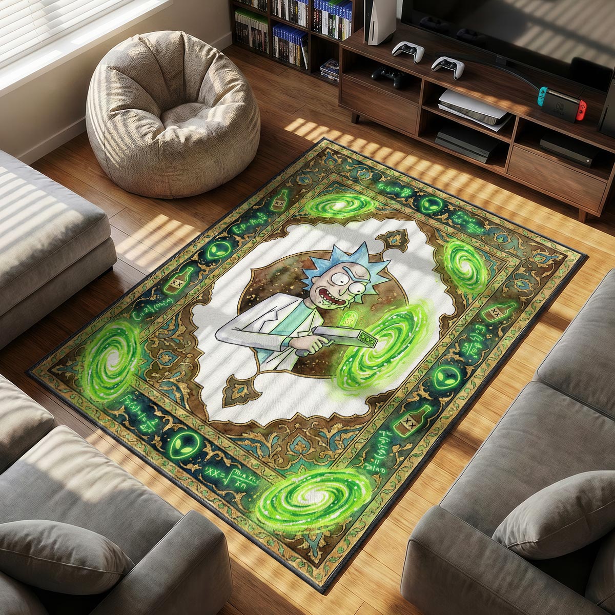 Close-up of Rick portal gun area rug showing green vortex detail and velvet fiber texture