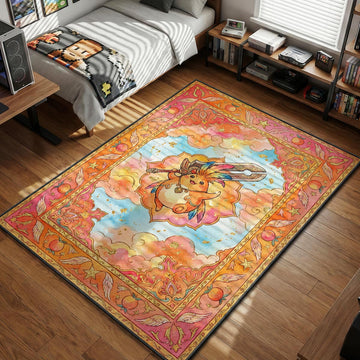 Riki the Nopon holding sword in pink clouds tarot card style gaming area rug and floor mat