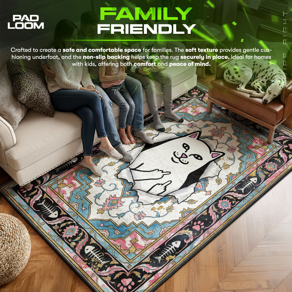 Ripndip area rug showing full home decor artwork