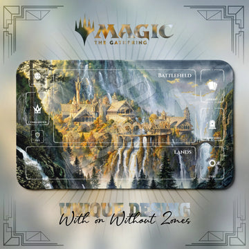Rivendell Autumn MTG playmat, gray and blue art with play zones, 24 x 14 in