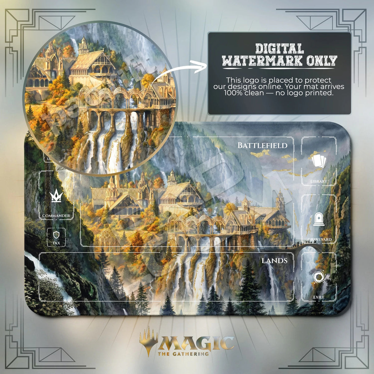 Rivendell Autumn MTG playmat with zones; the Padloom watermark is digital only, not printed