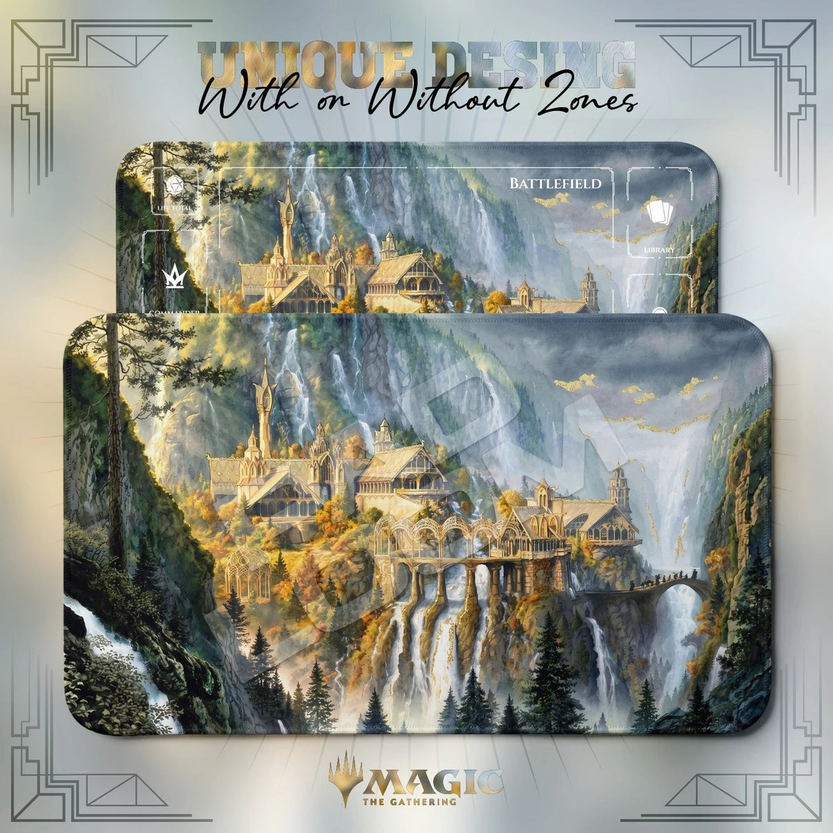 Rivendell Autumn MTG playmat shown with zones and without zones