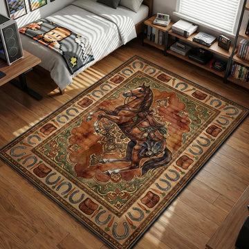 Roach the horse rearing with monster trophy head attached to saddle surrounded by horseshoes and carrots gaming area rug and floor mat