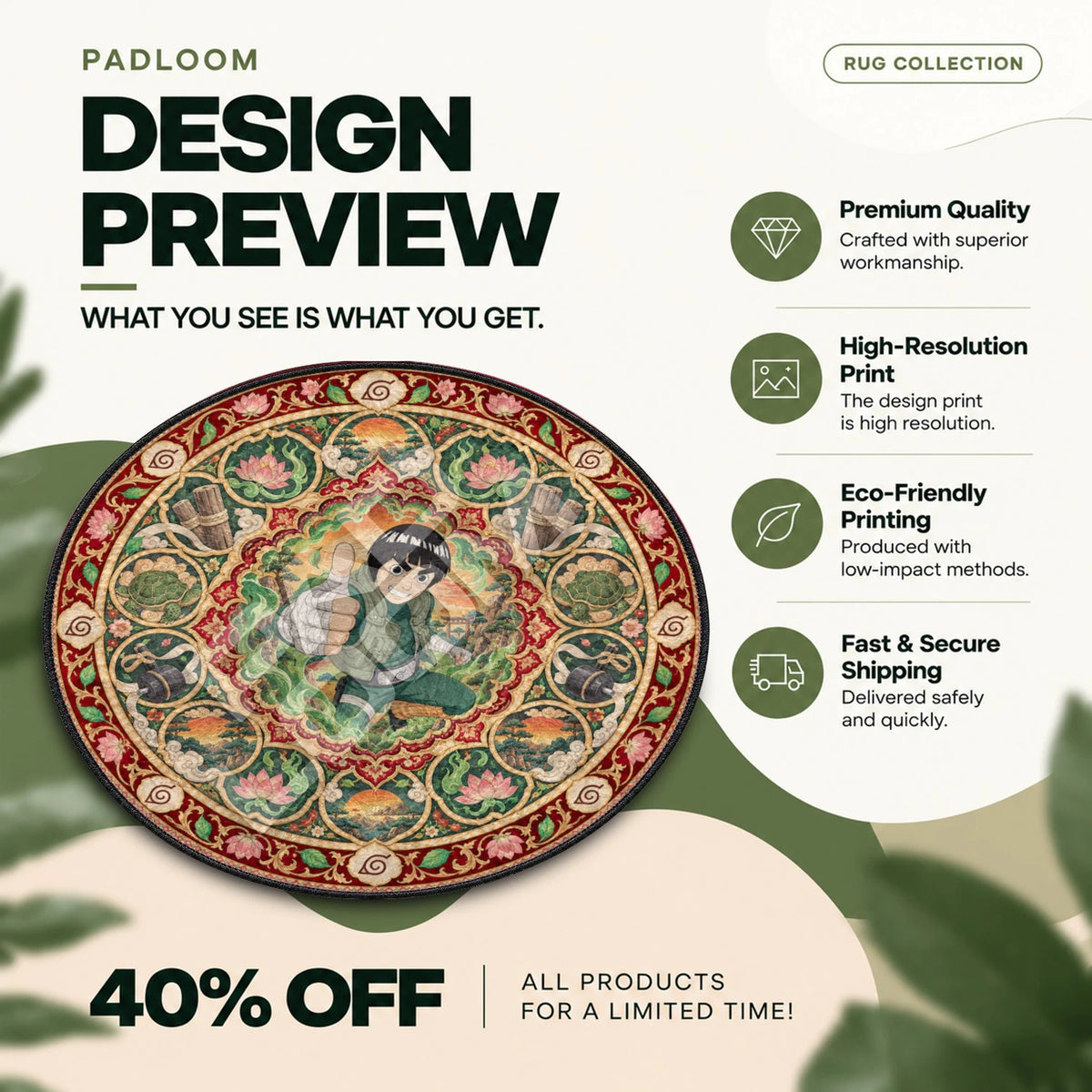 Rock Lee Emerald Naruto round rug full design preview