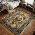 Rust rock tool with blood stains wooden spears and hemp plants primitive art style gaming area rug and floor mat