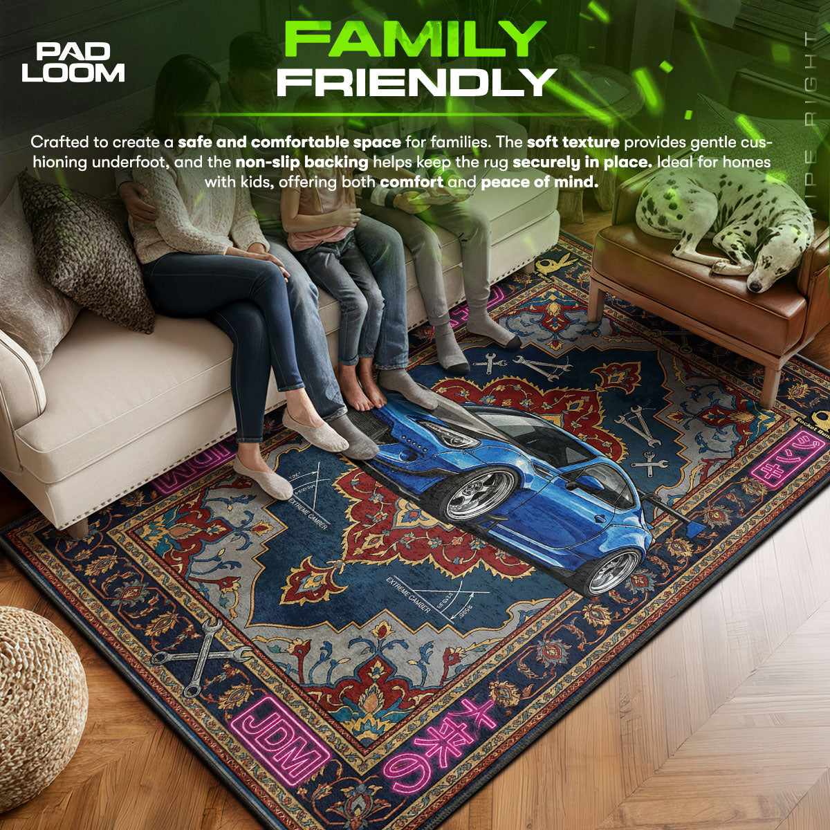 Rocket area rug showing full home decor artwork