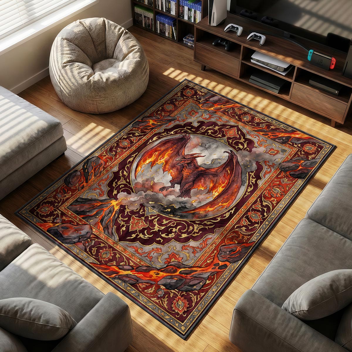 Rodan Volcano themed area rug for home decor fans