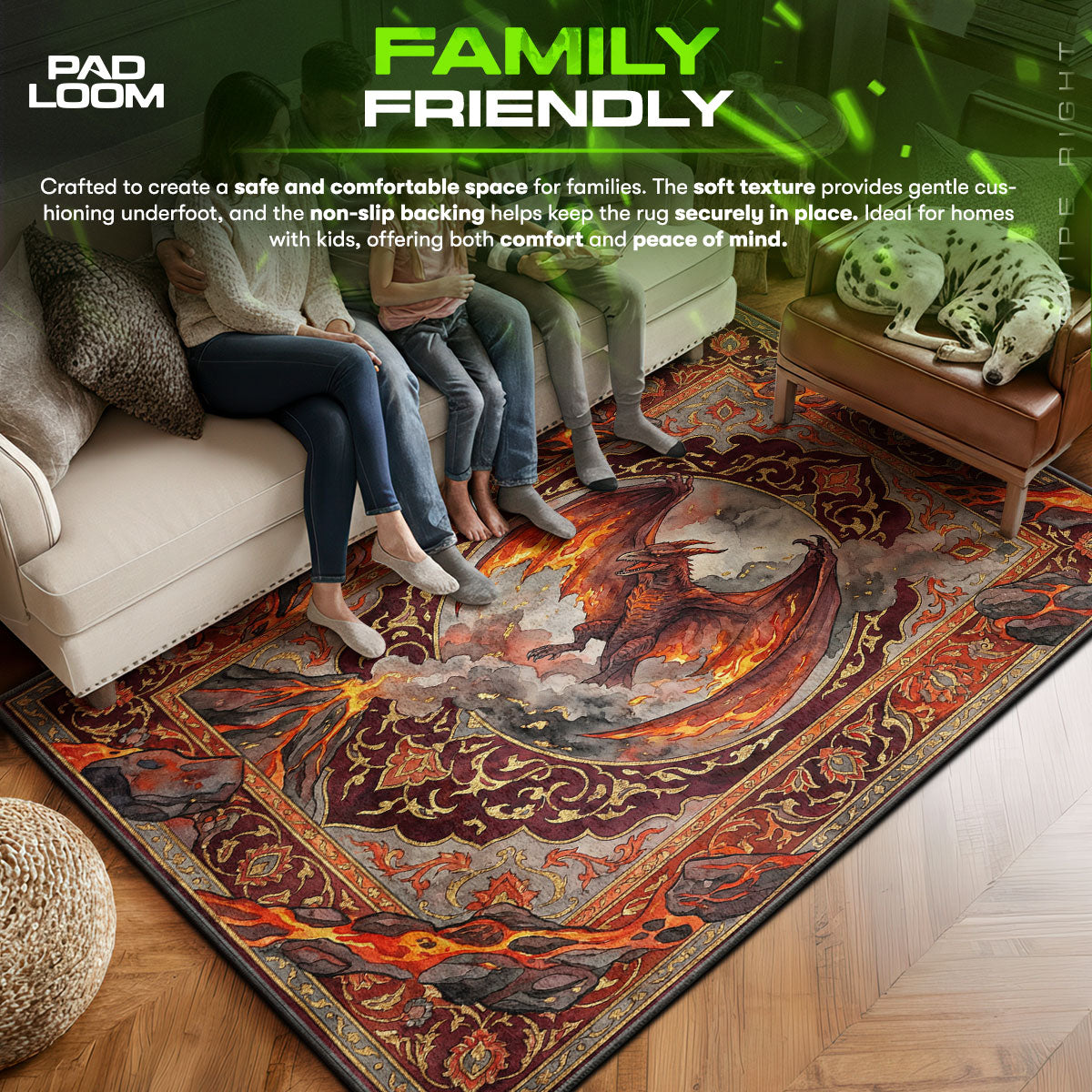 Rodan area rug showing full home decor artwork