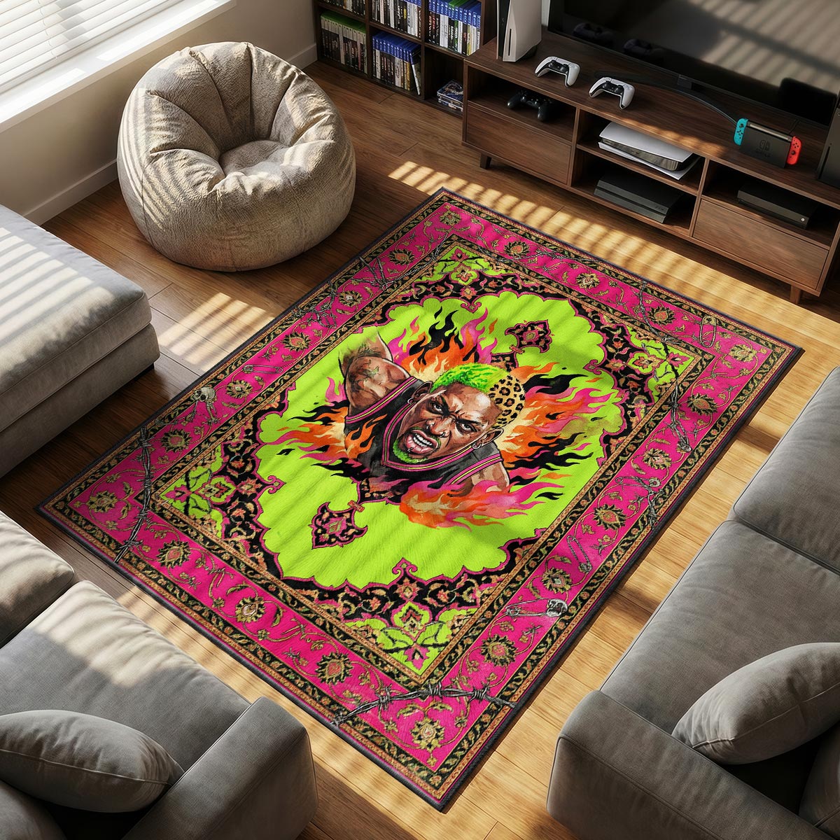 Rodman Neon themed area rug for home decor fans