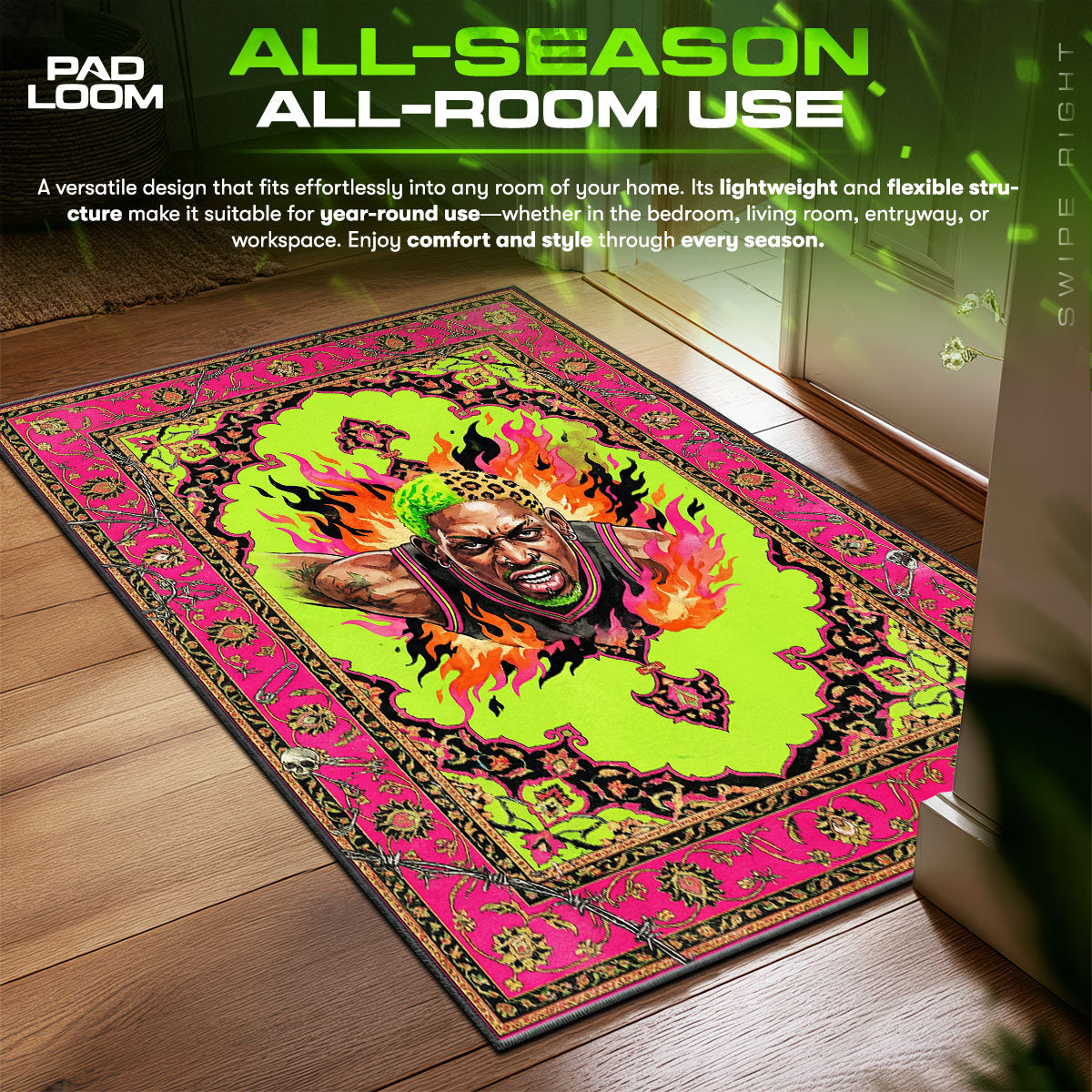 Rodman Neon Flames Baroque Hypebeast Floor fan rug — premium quality print