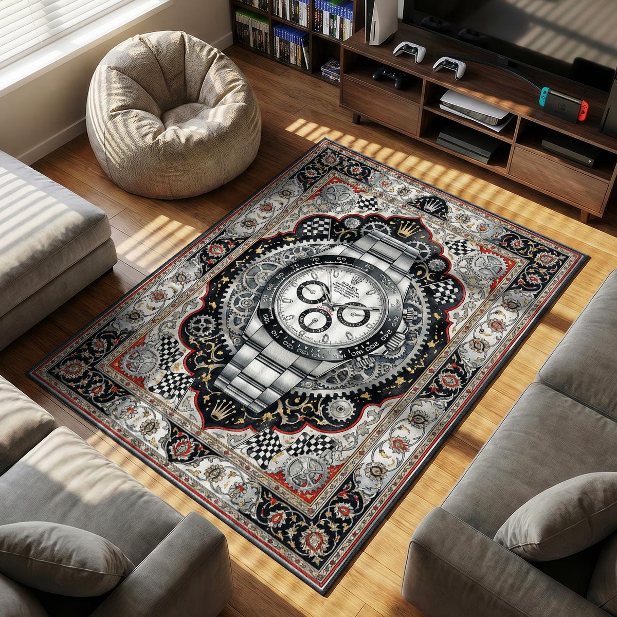 Rolex Daytona themed area rug for home decor fans