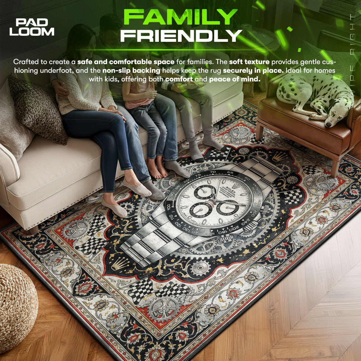 Rolex area rug showing full home decor artwork