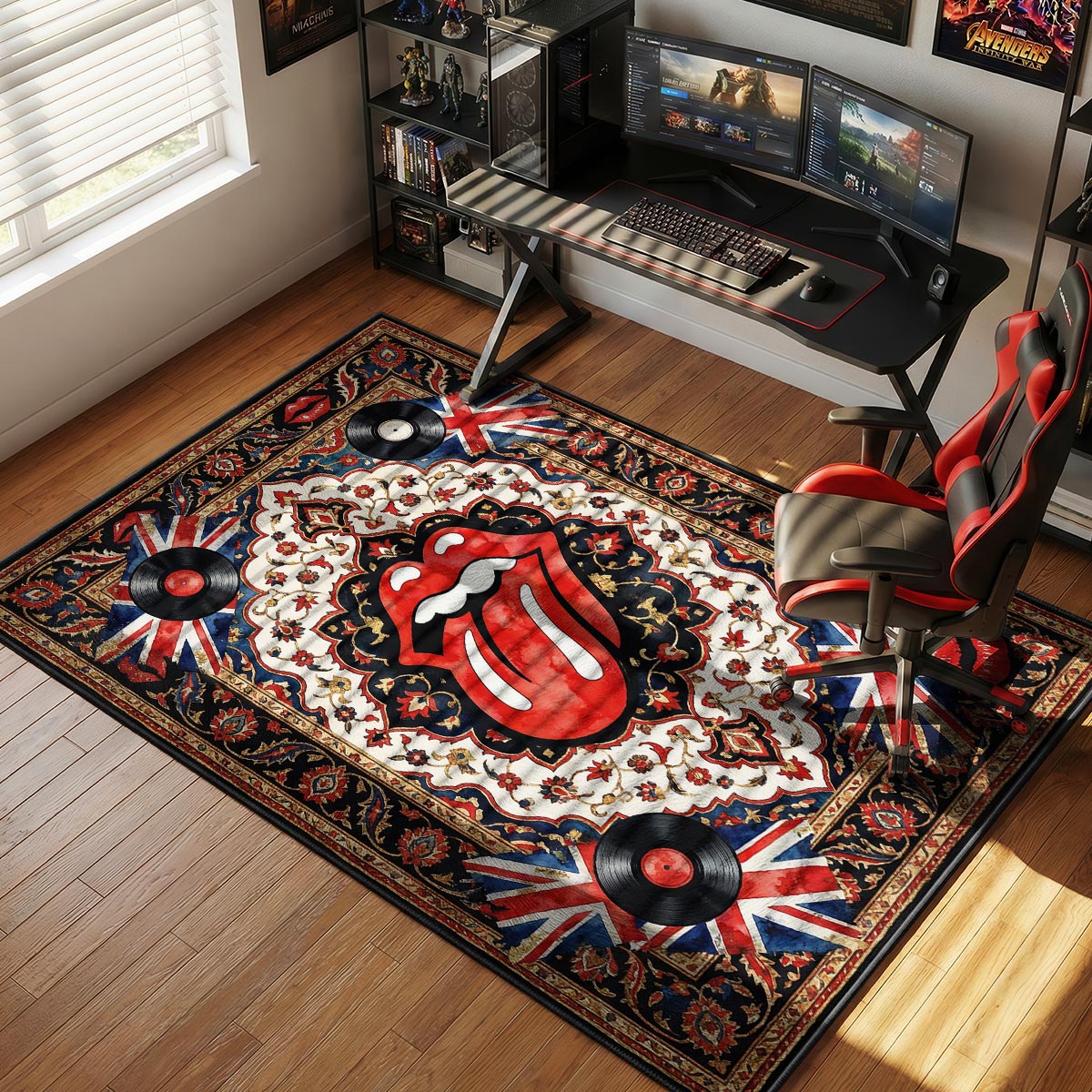 Rolling Stones rock rug placed in a music room beside a vinyl record player and dark wood furniture