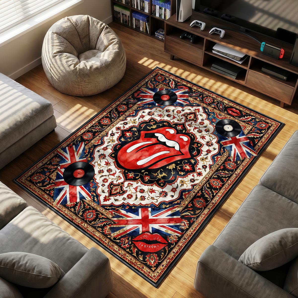 Close-up of Rolling Stones area rug showing dye-sublimation tongue print on velvet fiber surface