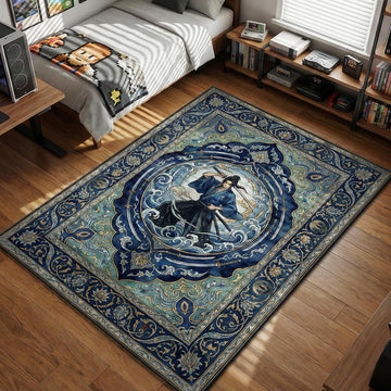 Samurai warrior drawing katana surrounded by blue ocean waves and traditional floral borders in ukiyo-e style area rug and floor mat
