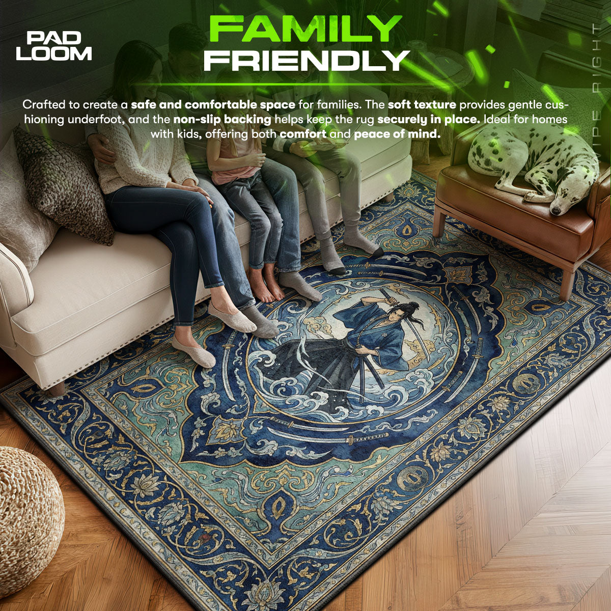 Ronin area rug showing full home decor artwork